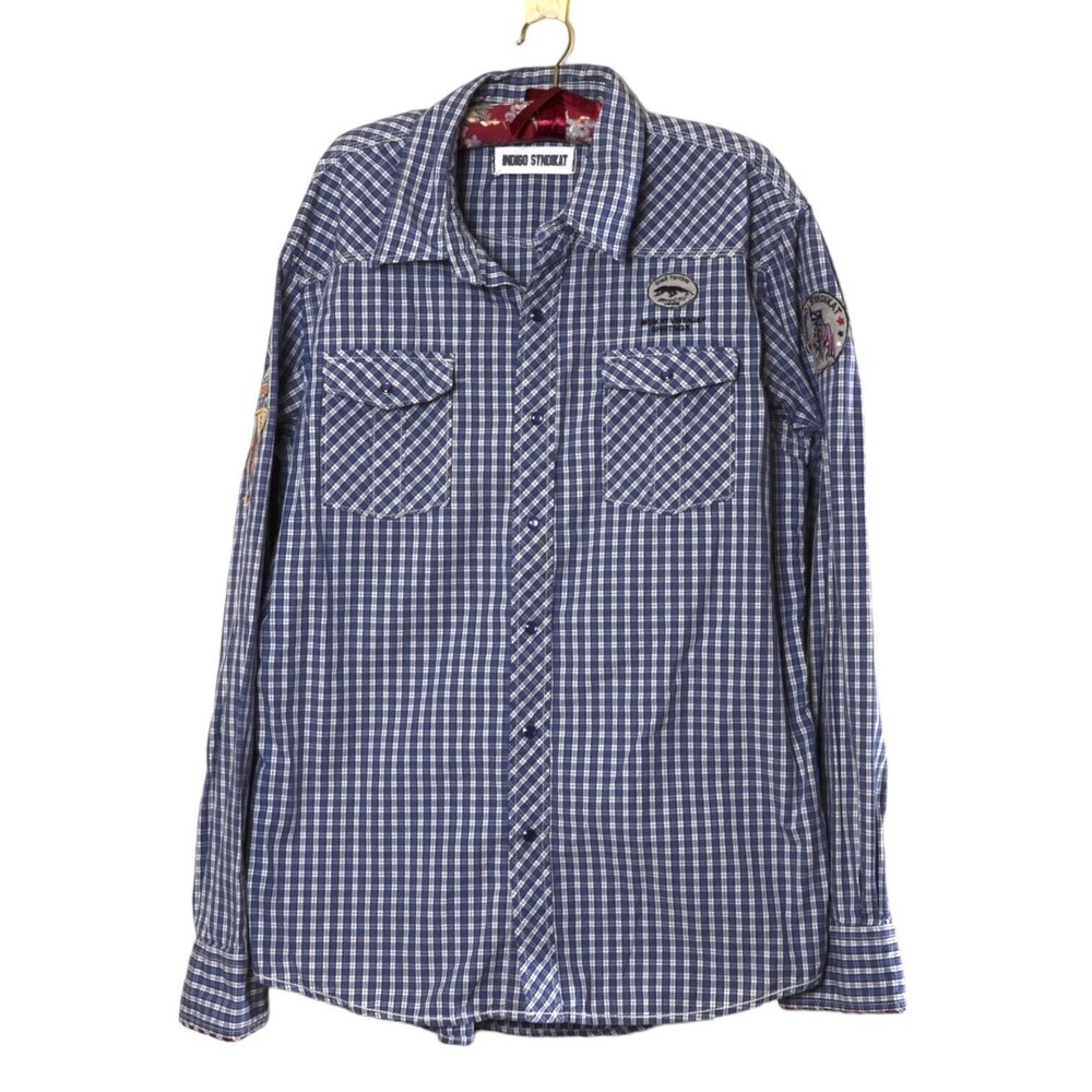 Indigo Syndikat Sz M Men's Checkered Plaid Button Up Long Sleeve Shirt Patches